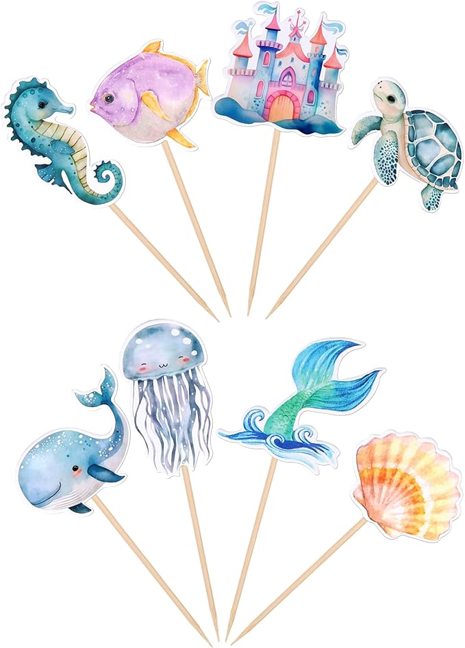 32 Pack Mermaid Cupcake Toppers Under The Sea Octopus Starfish Mermaid Tail Cupcake Picks Jellyfish Seahorse Coral Cupcake Decorations for Baby Shower Under The Sea Party Birthday Cake Decorations
