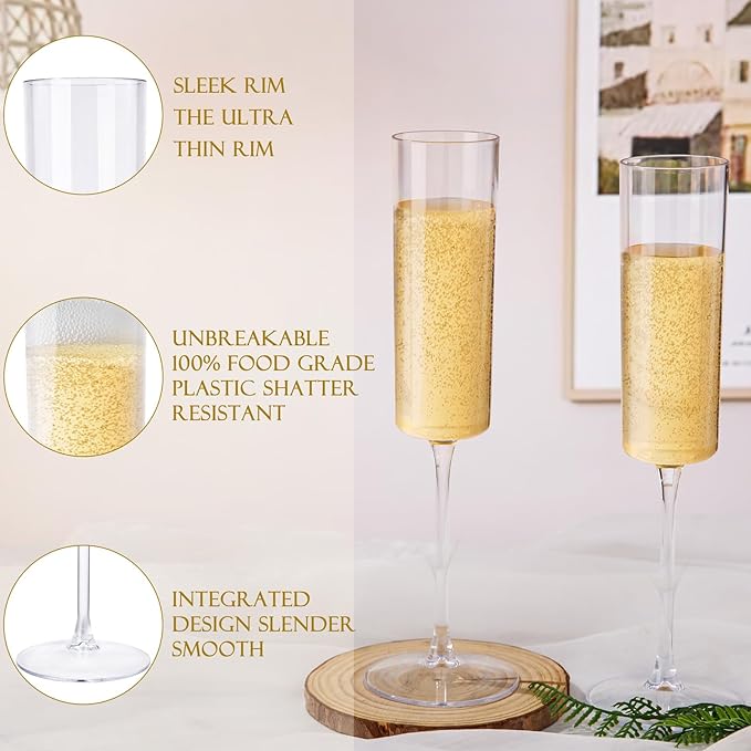 Ciaell 24 Pack Plastic Champagne Flutes - Clear 6 Oz Disposable Champagne Glasses - Square Plastic Toasting Glasses for Party Birthday Anniversary Wedding