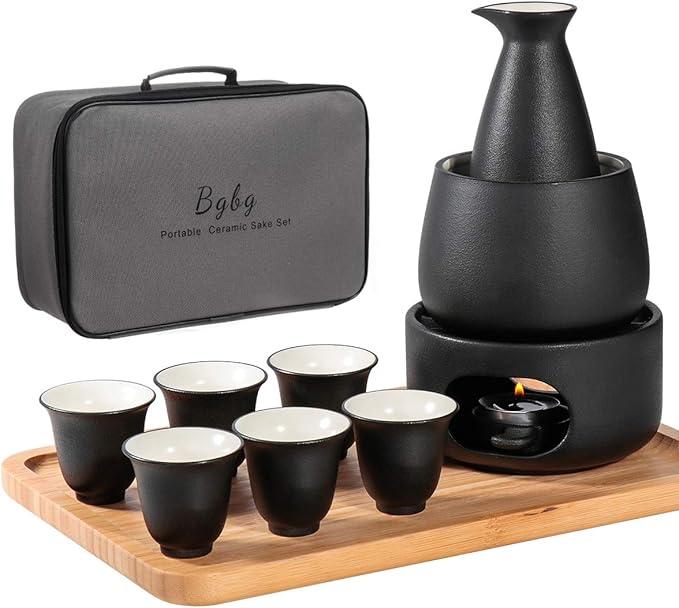 Bgbg Ceramic Sake Set with Warmer Pot Bamboo Tray-Traditional Japanese Pottery Hot Saki Set 11-Piece including 1 Sake Pot,6 Sake Cupsï¼? Warming Mugï¼? Candle Stove, 1 Candle Tea Light Holder and 1 Tray