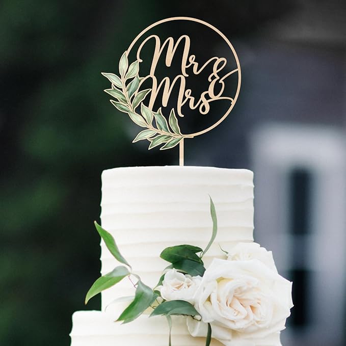 Mr & Mrs Cake Topper & 12 PCS Wedding Cupcake Toppers Green Wedding Decorations in Wood