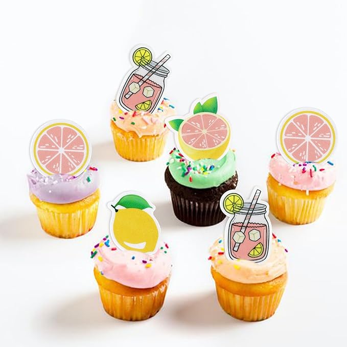 40Pcs Edible Lemon Cupcake Toppers Fruit Theme Lemonade Party Cupcake Picks for Lemon Theme Baby Shower Kids Boys Girls Birthday Party Cake Decorations Supplies