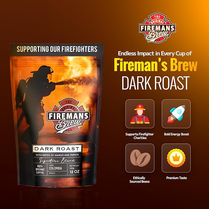 Firemans Brew Dark Roast Coffee ??Bold & Robust Ground Coffee ??100% Arabica Beans, Rich, Full-Bodied Flavor ??Freshly Roasted Gourmet Coffee ??Low Acid, Small Batch Coffee ??Supports Firefighter Causes
