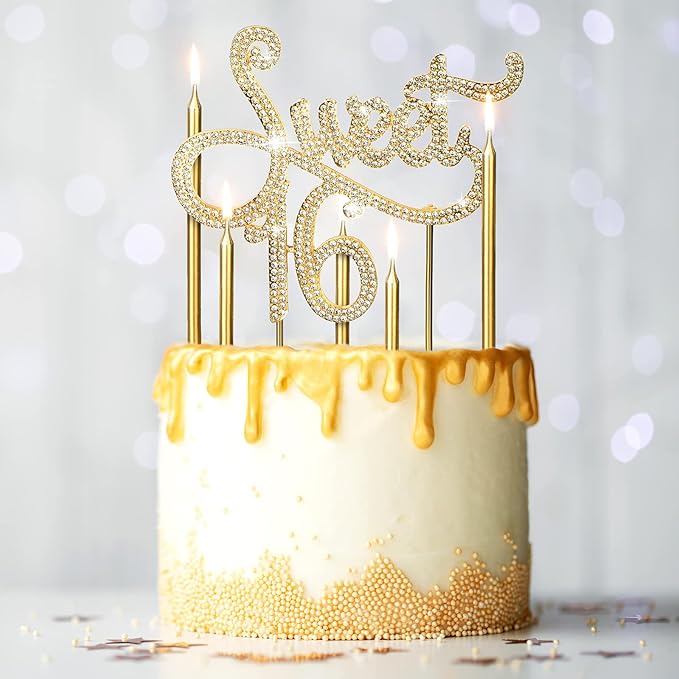 Tondiamo Sweet 16 Birthday Decorations Rhinestone Sweet 16 Cake Toppers 20 Pcs Metallic Happy Birthday Candles 16 Cake Decorations for Cupcake Decor(Gold White)