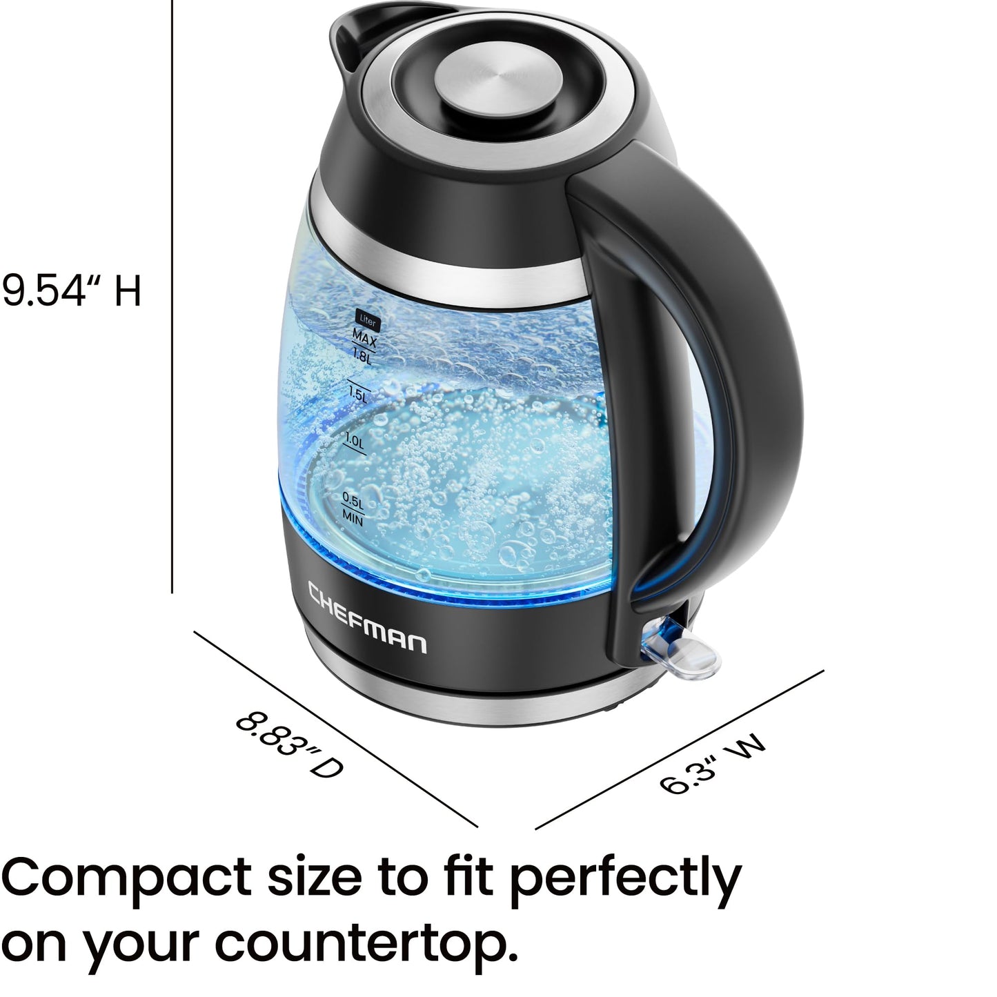 Chefman Electric Kettle, 1.8L 1500W, Hot Water Boiler, Removable Lid for Easy Cleaning, Auto Shut