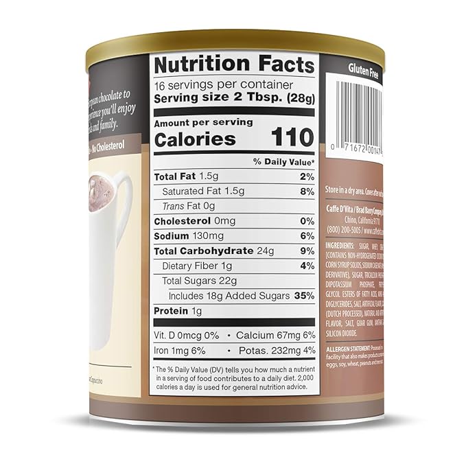 Caffe D'Vita Hot Cocoa Mix - Hot Chocolate Mix, Gluten Free, Low Fat, No Cholesterol, No Hydrogenated Oils, No Trans Fat, Kosher, Hot Cocoa Powder Mix Bulk 1 lb. can (16 oz.)