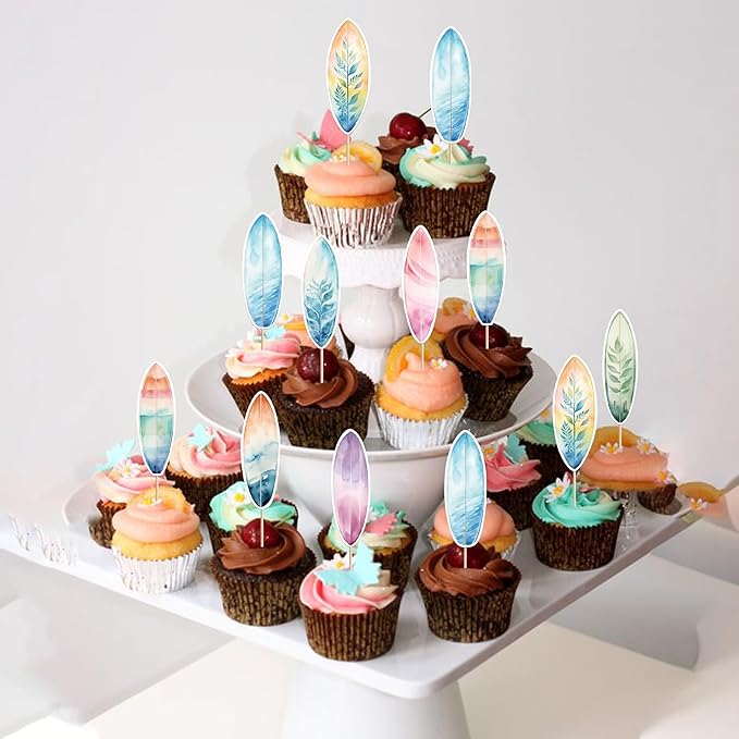 40 Pack Surfboard Cupcake Toppers Double Sided Surfboard Palm Tree Coconuts Cupcake Picks Holiday Beach Surf Cake Decorations for Summer Beach Theme Baby Shower Birthday Party Supplies