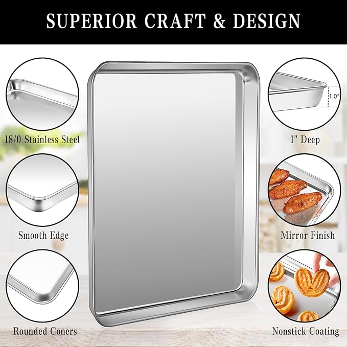 Stainless Steel Baking Sheet Set, 2 Pcs Half Cookie Sheet Pan Baking Trays for Oven, Non Stick and Heavy Duty and Easy Clean, 17.71 x 13.7 x 1 Inch