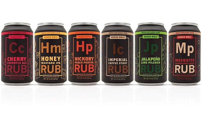 Spiceology ??Derek Wolf Beer-Infused BBQ Rub Set ??Cherry Chipotle Ale, Honey Mustard IPA, Hickory Peach Porter, Imperial Coffee Stout, Jalapeño Lime Pilsner & Mesquite Peppercorn Lager ??6 Pack