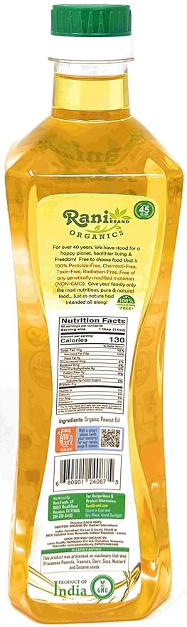 Rani Organic Peanut Oil 33.8 Ounce (1 Liter) Cold Pressed | 100% Natural | NON-GMO | Kosher | Vegan | Gluten Free | USDA Certified Organic