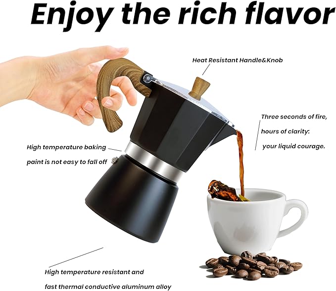 Moka Pot Espresso Coffee Maker and Manual Coffee Bean Grinder, 300ml-6 Cups Espresso Maker, Easy To Use And Clean, Camping Home Use,Suitable For Mocca Puccino Coffee (Black)