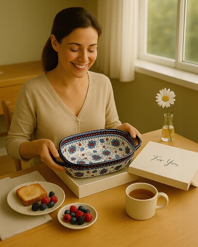 Ceramic Baking Dish Set of 2 ??Decorative Polish Pottery Style Casserole Dishes with Handles, Cute Oven-Safe Lasagna Bakeware Gift Set