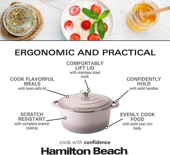 Hamilton Beach 5.5-Quart Enameled Cast Iron Dutch Oven with Lid | Heavy-Duty Pot for Braising, Roasting & Baking | Gray