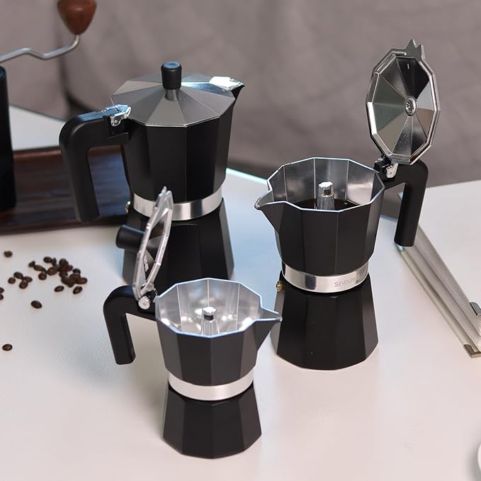 Sivaphe Aluminum Moka Pot 3 Espresso Cups, Percolator Espresso and Coffee Maker, Portable Stovetop Italian and Cuban Cafì±?Brewer for Home and Camping Black