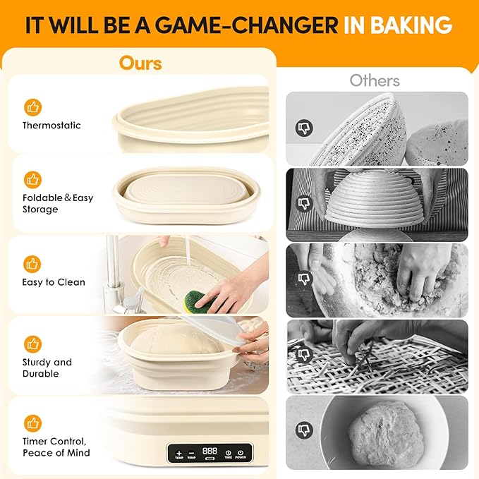 Heating Sourdough Bread Proofing Basket,Digital Display Bread Proofer with 6 Temperature Settings/7 Timing Settings,11 Inch Round Backlight Foldable Proofing Bowl for Silicone Basket,Food Warmer