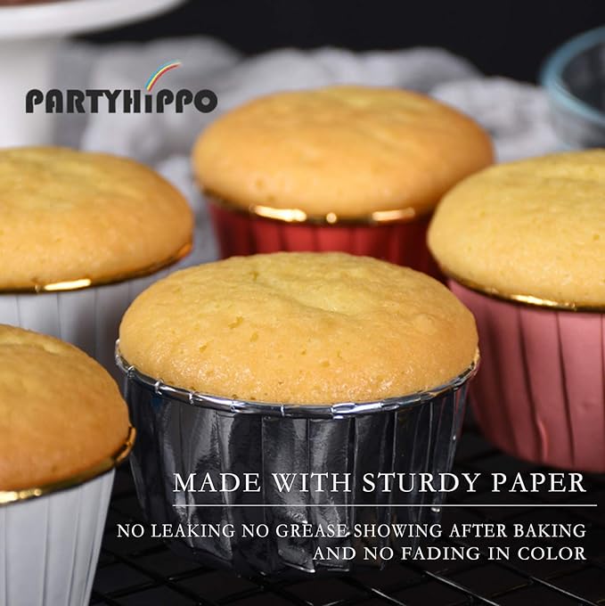 Party Hippo Disposable Foil Muffin Liners, 3.5 Oz 50 pcs, Gold & Rose Gold Cupcake Baking Cups