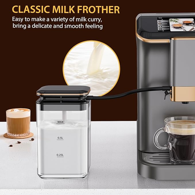 Fully Automatic Espresso Machine with Smart TFT Touchscreen, Brewing System and Automatic Milk Frothing System, 6 One-Touch Programs, 1.5L Detachable Water Tank for Home/Office Use, Gray&Gold