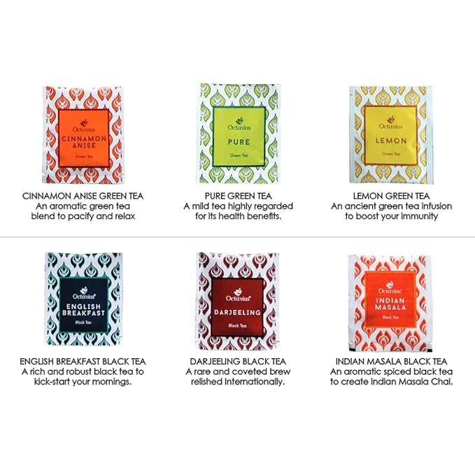 Octavius Tea Variety Pack ??25 Teabags | 6 Assorted Black & Green Teas | Premium Tea Sampler Box | Refreshing & Aromatic | Pack of 1
