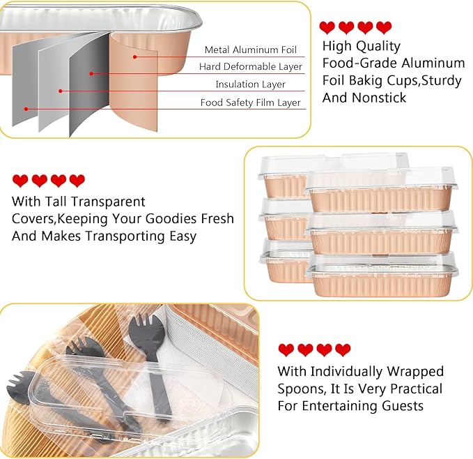 LNYZQUS Disposable Mini Cake Pans with Lids 50 Pack, 6.8oz Rectangle Baking Cups Muffin Tins, Aluminum Foil Baking Tins Mini Loaf Baking Pans Holders-Champagne