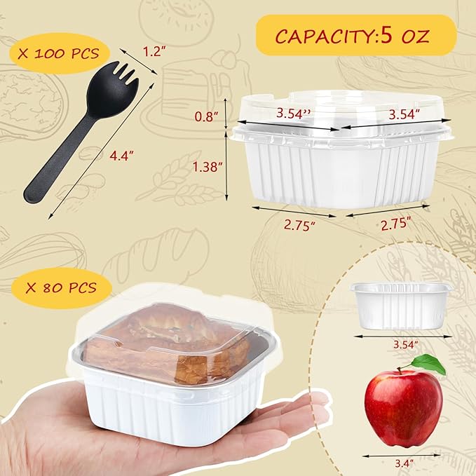 5oz/80pack Mini Cake Pans with Lids,LNYZQUS Foil Cupcake Cups Small Brownie Baking Tins,Square Disposable Ramekins Mini Cheesecake Containers Muffin Holders-White