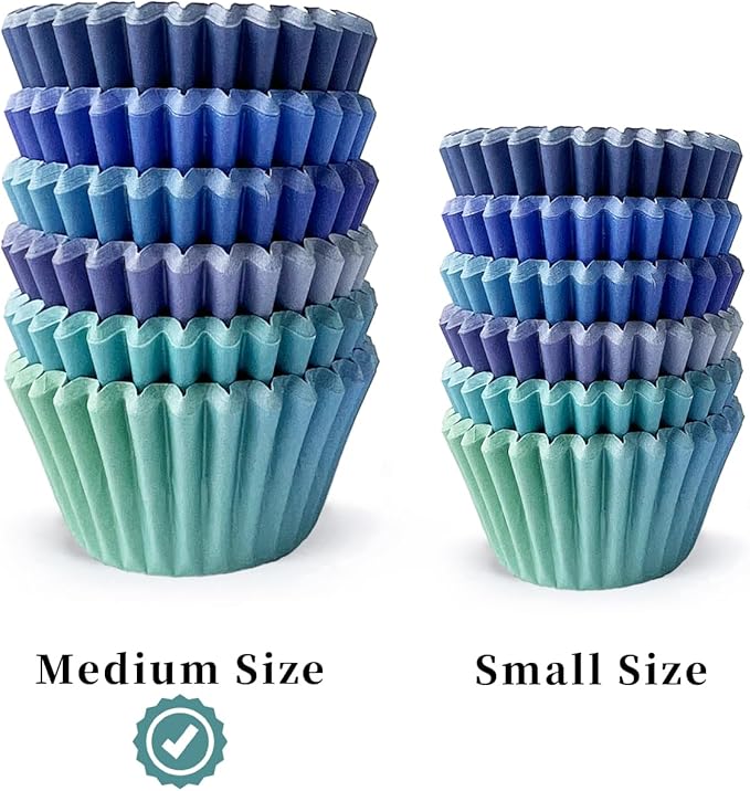 qiqee 300PCS Standard Gradient Cupcake Liners Cupcake Cups 6 Designs Blue Gradient Cupcake Papers Baking Cups Cupcake Wrappers (Medium Size)