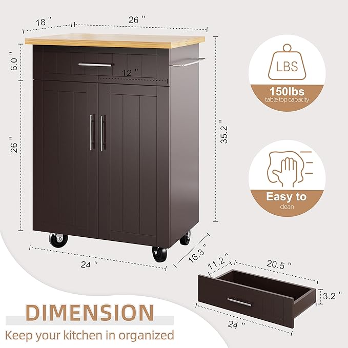 Shintenchi Kitchen Island Cart with Storage,Rolling Kitchen Island Side Table on Wheels with Large Worktop,Storage Cabinet,Towel Rack and Drawers for Kitchen,Dinning Room, Brown