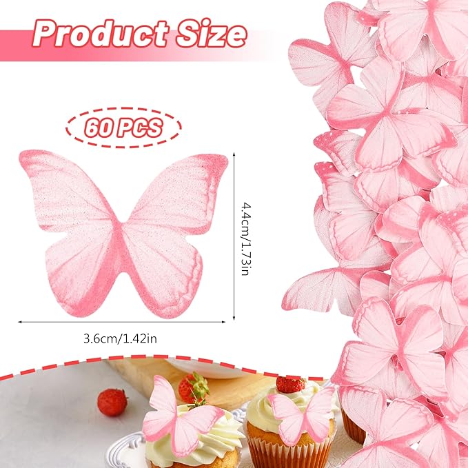 60PCS Wafer Paper Butterflies Cupcake Toppers, Pink Edible Butterflies for Cake Decorating, Edible Cupcake Decorations for Birthday Cake Decorations Anniversary Wedding Baby Shower