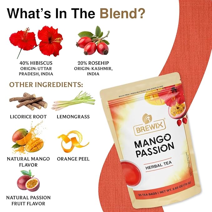 BREWIX, Mango Passion Fruit Herbal Tea Bags ??25 Plant-Based Pyramid Bags | Iced or Hot | Hibiscus, Citrus Peel, Lemongrass | Caffeine-Free & Naturally Uplifting Wellness Brew