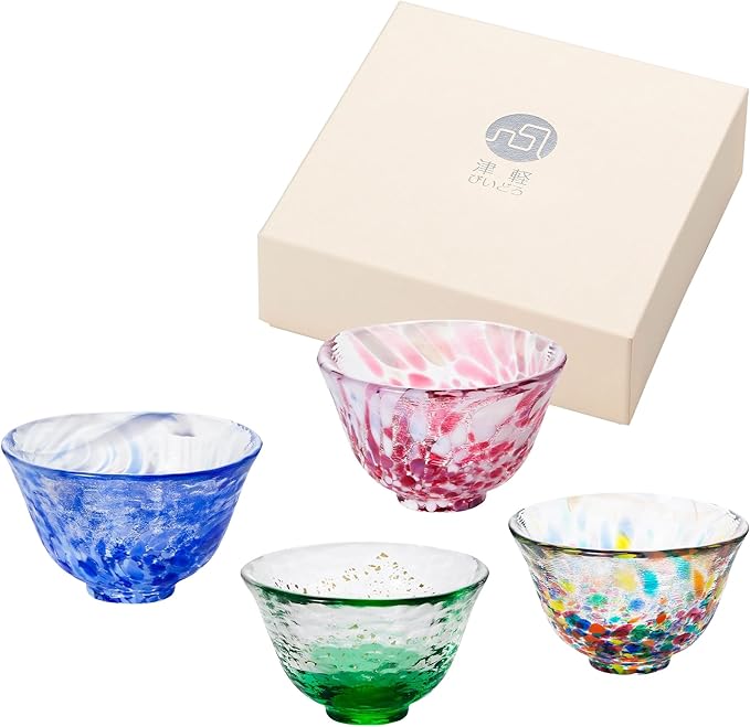 Japanese Handcrafted Sake Glass Set, Artisan Glassware for Cold Sake and Shochu, Made in Japan (Sake Cup Set (4pcs) ??Festival & Nature Series, 1.7 fl oz (50ml))