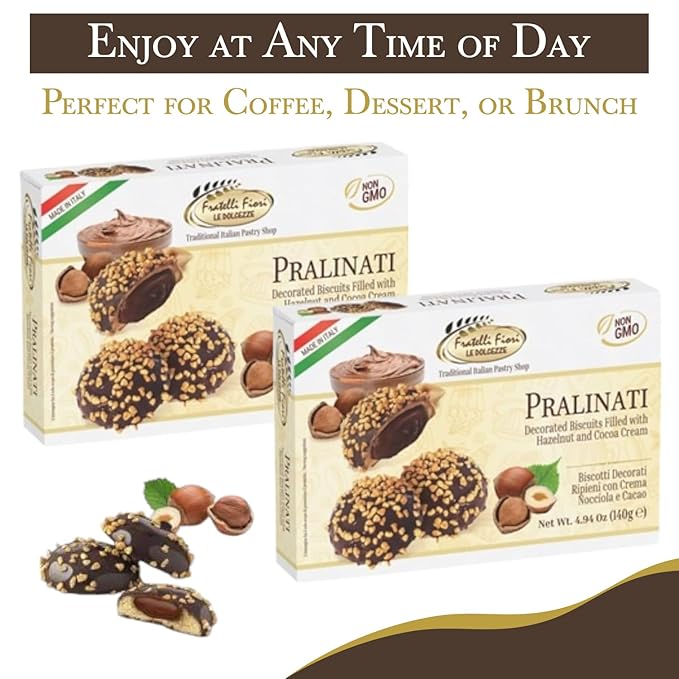 Fratelli Fiori Pralinati Chocolate Cookies - Authentic Italian Cookies with Creamy Hazelnut Center - Gourmet Cookies Ideal for Coffee, Tea, & Dessert - 2-Pack (140g)