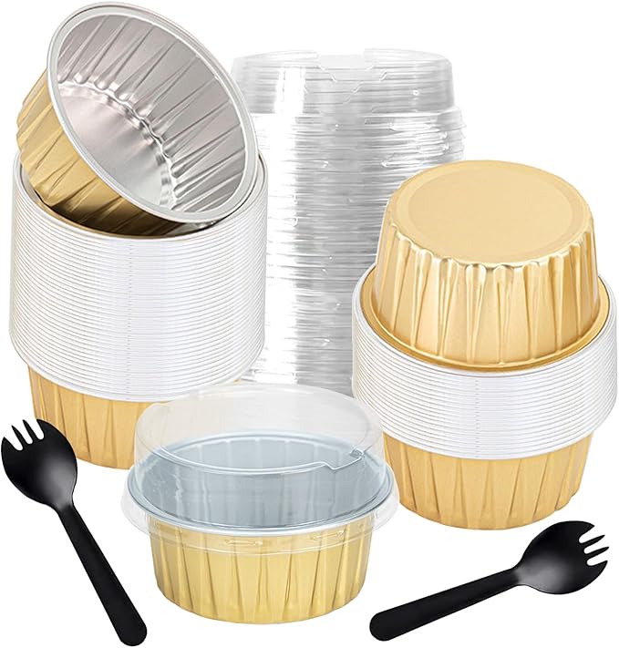 60 Pcs Mini Cake Pans with Lids,5oz Aluminum Foil Baking Cups Round Mini Disposable Ramekins 125ml Muffin Tin Ramekins Brownie Baking Cups, Dessert Cupcake Cups for Wedding Birthday Party(Gold)