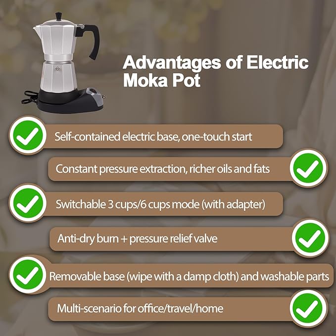 Aluminum Electric Moka Pot 5-6 Cup 270ml Express Coffee Maker Stovetop Espresso Portable Coffeemaker Italian Classic Brewing Greca Cafe Mocha with Removable Base and Overheating Protection Machine