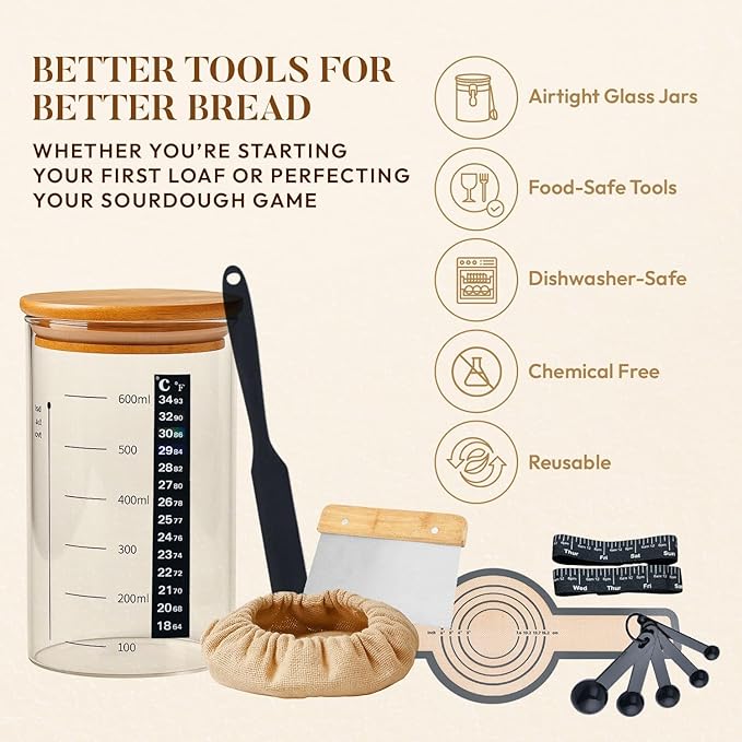 2 Pack Sourdough Starter Jar Kit ??24oz Sourdough Jars Set with Lids, 2 Bread Slings, Spatula Set, Scrappers Set, 5x Measuring Spoons & Starter Tools ??Essential Sourdough Bread Baking Supplies