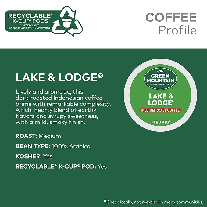 Green Mountain Coffee Roasters Lake and Lodge Blend Keurig Single-Serve K-Cup pods, Dark Roast Coffee, 60 Count (6 Packs of 10)