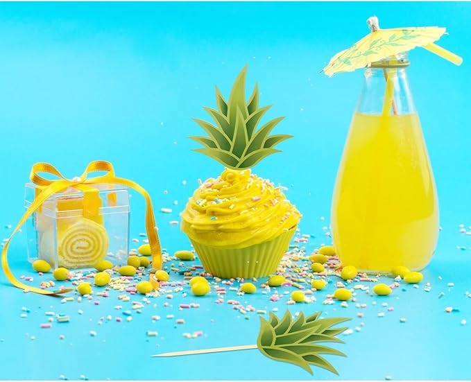 24Pcs Pineapple Cupcake Toppers, Tropical Cupcake Topper Aloha Decorations for Luau Hawaiian Theme Baby Shower Pineapple Birthday Party Supplies(Pineapple)