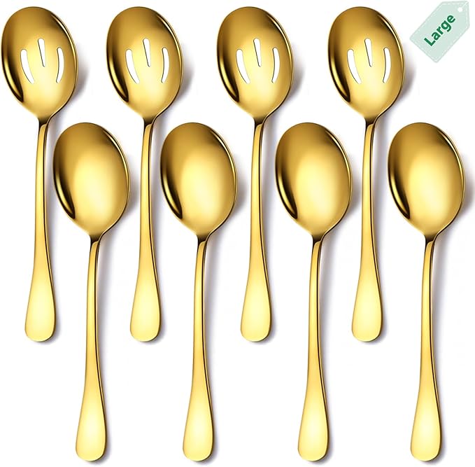 Stainless Steel Serving Spoons Set, 8pc, 10-Inch, Includes 4 Large, 4 Slotted, for Parties/Kitchen/Buffet/Catering, Dishwasher Safe, Gold