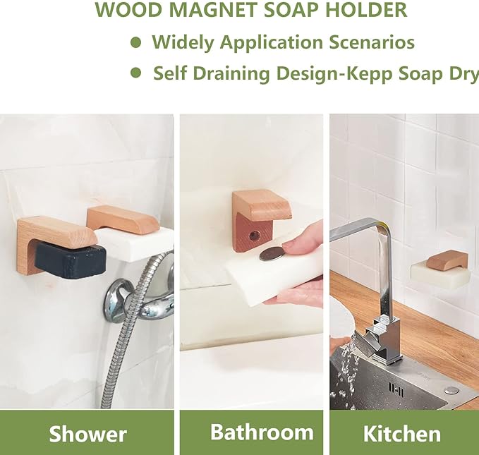 2sets Wood Magnetic Bar Soap Holder for Shower Wall,Magnet Air Dry Soap Saver Self Draining, Eco-Friendly Wooden Soap Dish for Soaps & Beard Shampoo Bars