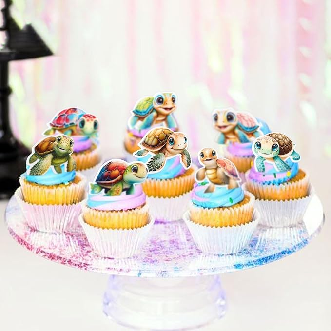 40 PCS Edible Turtles Cupcake Toppers for Baby Wafer Paper Sea Animals Baby Shower Party Picks for Drink Topper Sea Animals Theme Baby Shower Kids Birthday Party Supplies