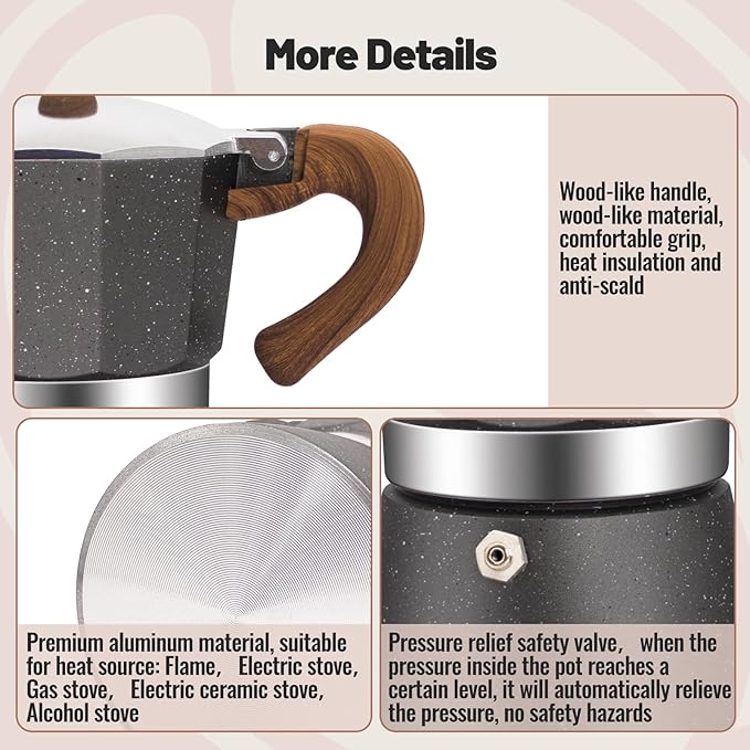 3 Cup Aluminum Moka Pot Classic Stovetop Espresso Coffee Maker 150ml 5oz Coffeemaker Percolator Mocha Pot Greca Coffee Maker Cafe Makers for Italian and Cuban Cafì±?Brewing Gray