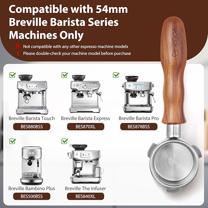 54mm Bottomless Portafilter - Breville Compatible Naked Portafilter, Rosewood Handle & 18-20g Filter Basket & Puck Screen Included, Fits Barista Express, Pro, Touch, Bambino Plus, Infuser