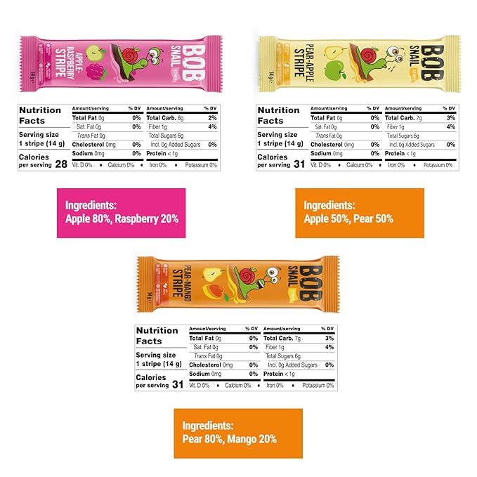 BOB SNAIL Healthy Organic Fruit Snacks for Kids and Adults ??30 Organic Fruit Leather Snacks with Pear-Apple, Raspberry, Mango ??Vegan Low-Carb Variety Pack Strips for Kids ??Sugar Free Jerky Bars