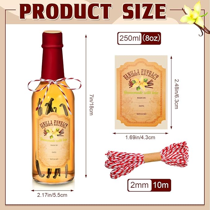 Tioncy 16 Pcs Vanilla Extract Bottles for Homemade Vanilla Jar Glass Bottle with Cap, Shrink Band, Sticker Syrup Gift Food Storage Canister for Bean Sauce Spice(Red,8.5 oz)