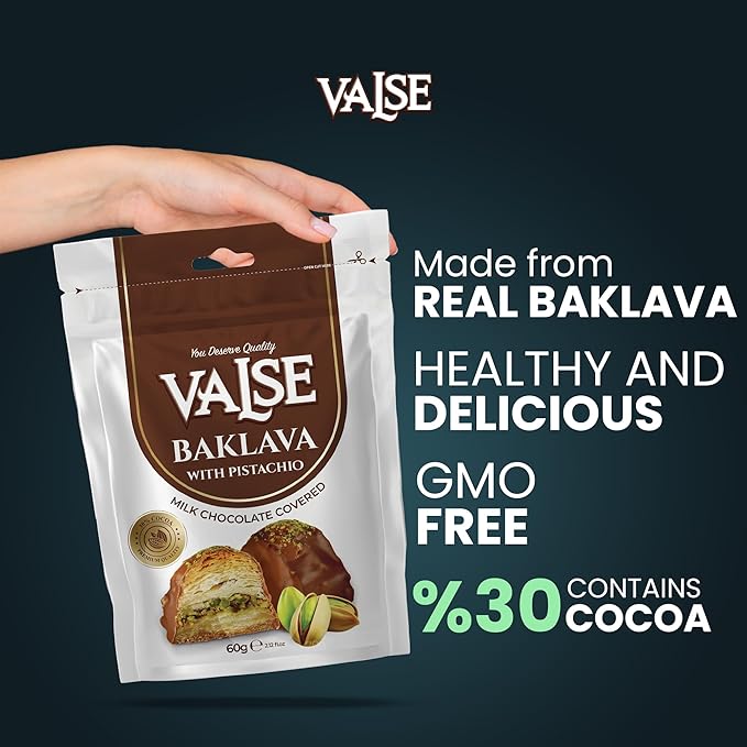 Chocolate Covered Turkish Baklava with Pistachios, Milk Chocolate Covered Freeze Dried Turkish Baklava with Pistachios, 2.47 oz Chocolate Covered Fruit, Chocolate Dipped Turkish Baklava with Pistachios (Mini, Baklava)