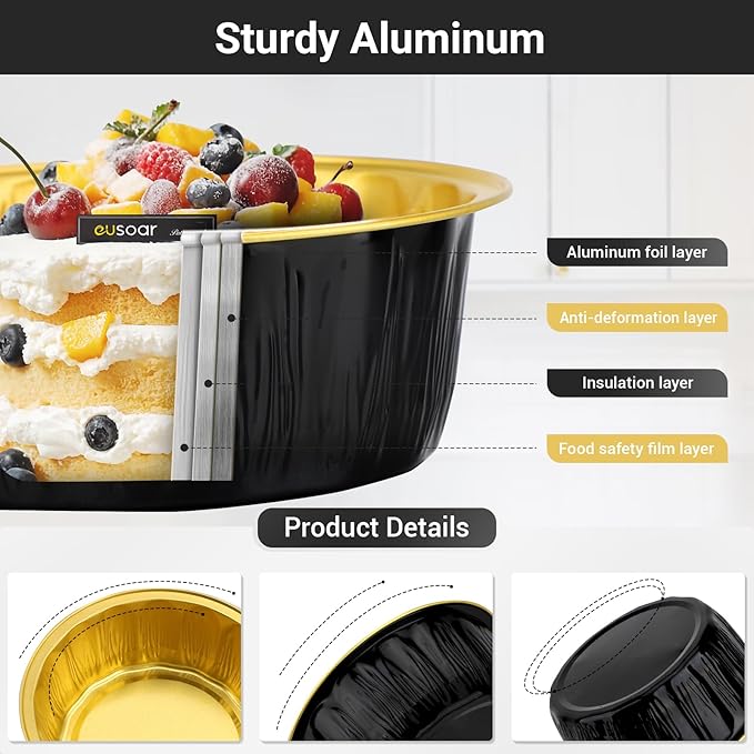 EUSOAR Dessert Cups with Lids, 100pcs 9oz Black Disposable Creme Brulee Ramekins, Cake Storage Container Bakery Cheesecakes Muffins Pie Round Holders Cups Pans for Wedding Birthday Theme Party