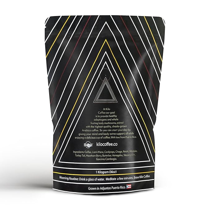 Kilo Coffee - 1 Kilogram Adaptogenic Mushroom Coffee. Whole Fruiting Body: Lions Mane, Chaga, Reishi, Cordyceps. Single Origin from Puerto Rico, Low Acid. 2.2lbs