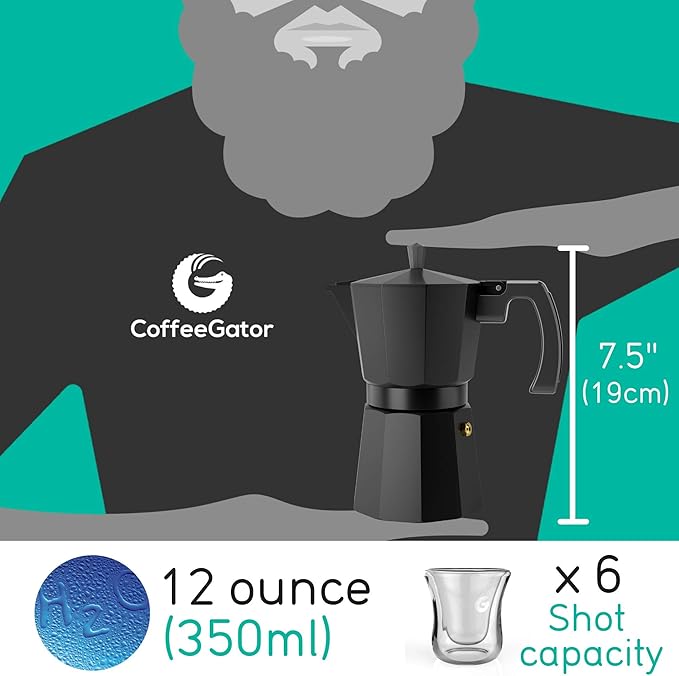 Coffee Gator Moka Pot - 6 Cup, 12oz Stovetop Espresso Maker - Classic Italian and Cuban Coffee Percolator w/ 2 Stainless-Steel Cups ??Matte Grey Aluminum, 360ml