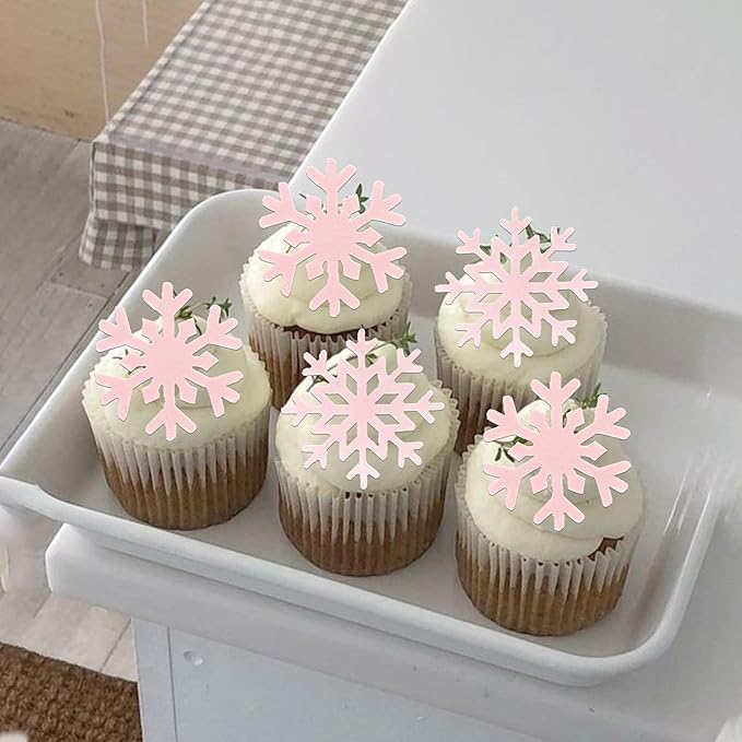 60 PCS Edible Snowflake Cupcake Toppers Wafer Paper Snowflake Cake Decorations Edible Snowflake Cupcake Picks Topper for Christmas Winter Frozen Theme Baby Shower Birthday Party Decor Supplies Pink