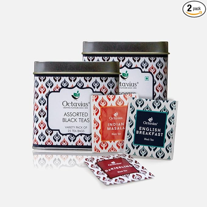 Octavius Tea Variety Pack | 3 Assorted Black Teas | 25 Teabags Per Pack | Sampler Tea Pack | Pack of 2 | 50 Teabags Total | Premium Indian Black Tea Collection
