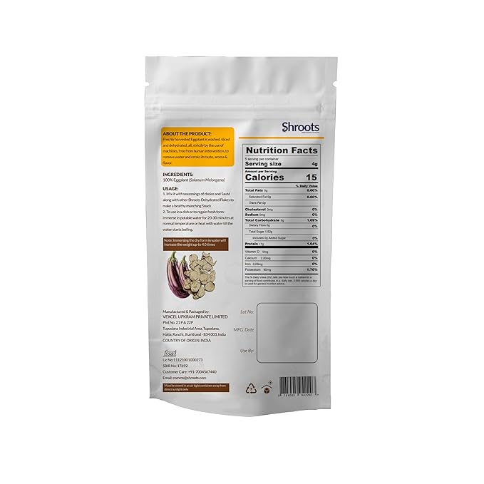 SHROOTS Dehydrated Eggplant Flakes Pure Vegetarian Gluten-Free No Added Salt Easy Cooking Machine Essential Dried Vegetable Boosted with Aroma Fiber Perfect for Fillings or Salads 0.71 oz, Pack of 1