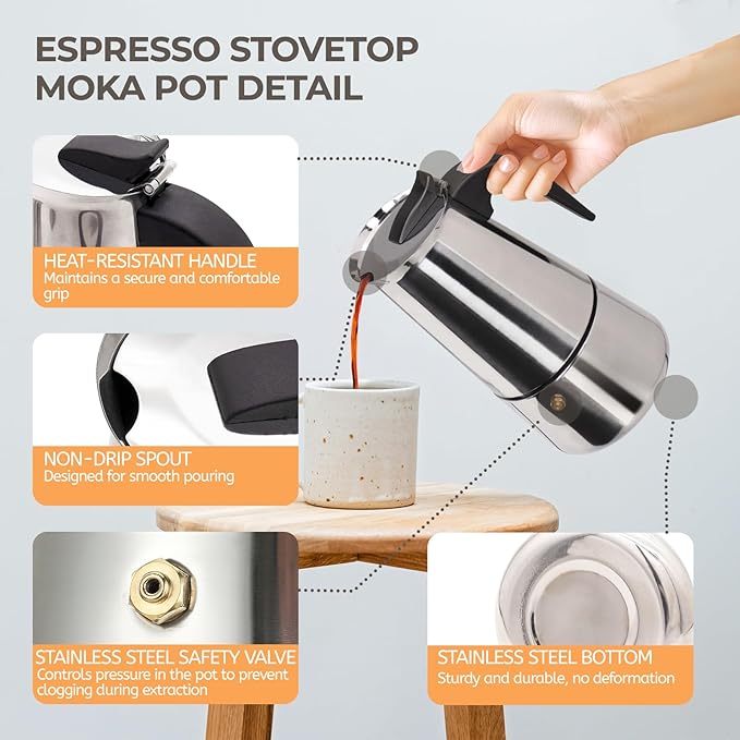 2 Cup 100ml Moka Pot Stainless Steel Espresso Coffee Maker Stovetop Percolator Coffeemaker Italian Classic Style Brewing Greca Cafe Mocha Machine for Cafeteras Lover Camping Travel and Home Use 3.3oz