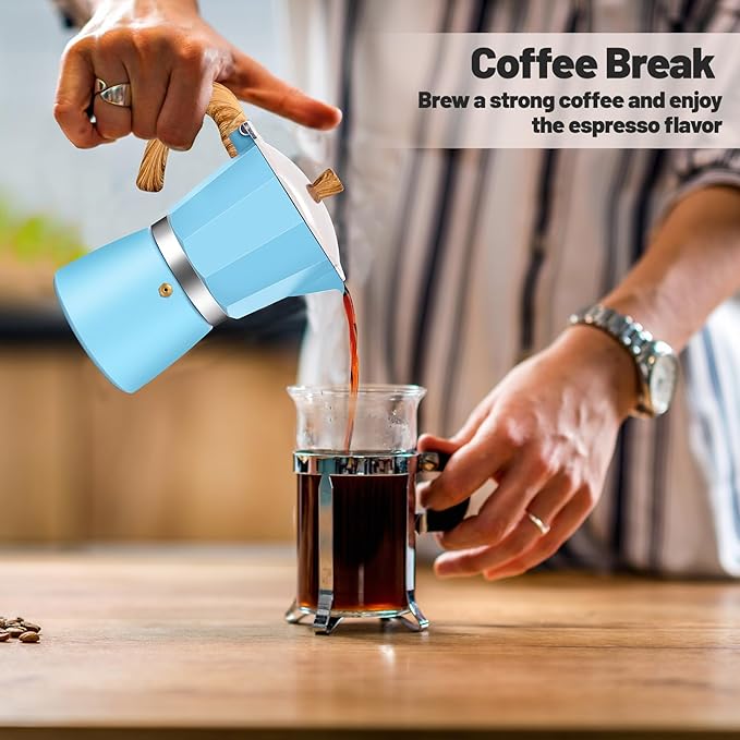 3 Cup Aluminum Moka Pot Classic Stovetop Espresso Coffee Maker 150ml 5oz Coffeemaker Percolator Mocha Pot Greca Coffee Maker Cafe Makers for Italian and Cuban Cafì±?Brewing Blue